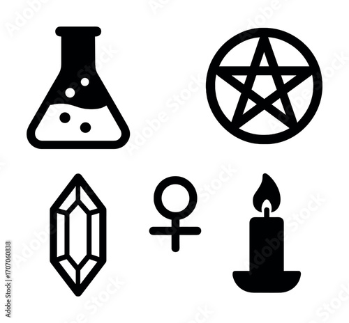 Alchemy and magic symbols: beaker, pentagram, crystal, female symbol, candle icon set