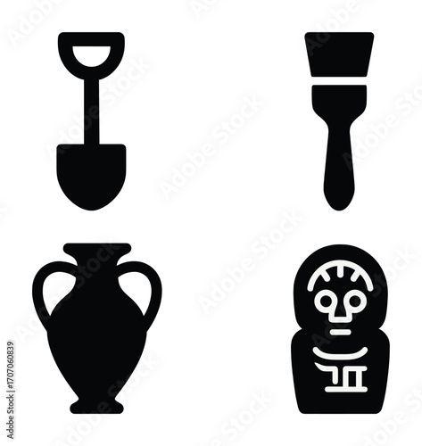 Archaeology icons: shovel, brush, amphora, figurine in black silhouette