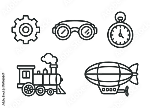Vintage steampunk icons: gear goggles stopwatch train airship