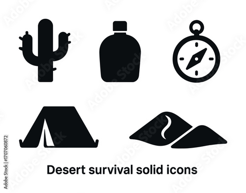 Desert survival solid icons: cactus, flask, compass, tent, dunes