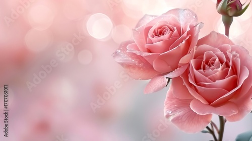 Two pink roses blooming with water drops on blurred bokeh background