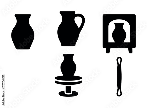 Silhouette icons of pottery vases and tools for craft and design