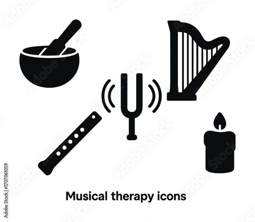 Musical therapy icons featuring harp, tuning fork, and flute
