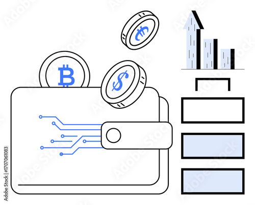 Digital wallet with Bitcoin and dollar coins, circuit design, bar chart arrow upward. Ideal for cryptocurrency, fintech, investing, savings, trading, digital payment simple landing page