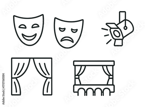 Theater elements: comedy and tragedy masks with spotlight and curtains