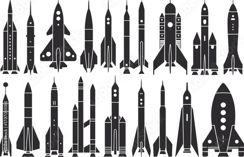 Rocket silhouettes collection, space launch vehicles, missile icons, aerospace technology, space exploration rockets, launch systems vector, space transportation designs.