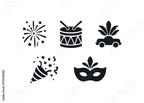 Carnival celebration icons: fireworks, drum, parade float, confetti, mask silhouettes