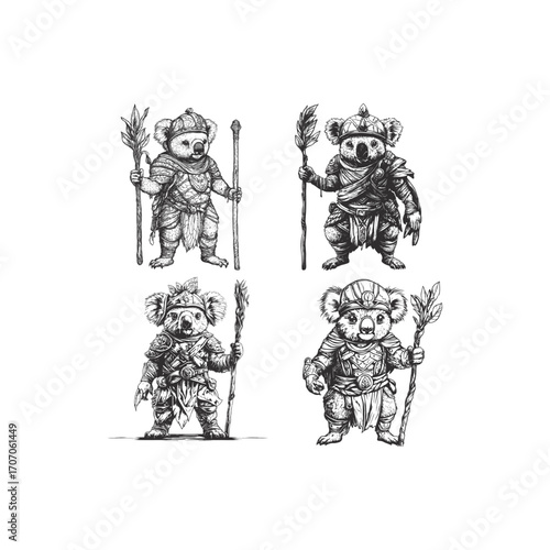 Set of four detailed black and white vector illustrations featuring cute koala bears dressed as fierce fantasy warriors or jungle guardians, holding staffs and wearing tribal armor.