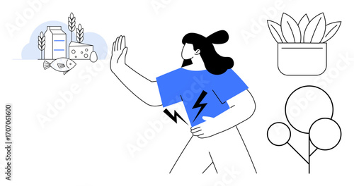 Female figure gesturing to avoid allergen-rich foods, holding stomach in discomfort. Nearby illustrations of plants and trees. Ideal for health, allergy, nutrition, wellness, food intolerance
