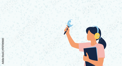 Podcast creator recording audio with microphone and headphones on floral patterned background