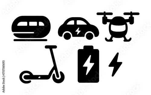 Icons of electric transportation: car, train, scooter, drone, battery, and lightning bolt