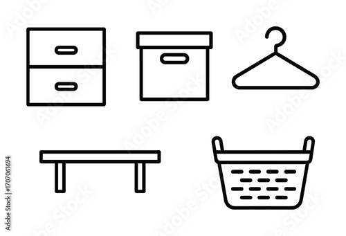 Minimalist line art of storage solutions: drawer, box, hanger, bench, and basket