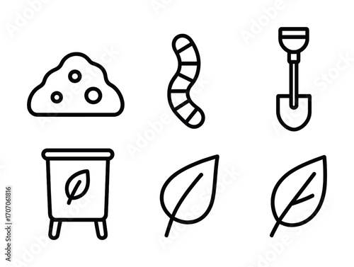 Organic composting symbols: soil, worm, shovel, bin, leaf icons in black and white