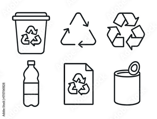 Recycling icons: bin, triangle, bottle, paper, can with symbols