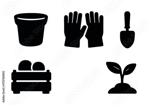 Gardening tools and symbols: bucket, gloves, trowel, seedling, seed tray elements