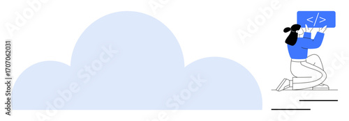 Programmer kneeling while uploading code into abstract cloud. Ideal for cloud storage, coding, digital work, software integration, collaborative tools, online platforms, simple landing page