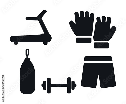 Fitness equipment icons: treadmill, gloves, punching bag, dumbbell, shorts