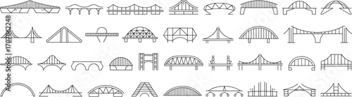 Set of modern bridge icons, different bridge designs, engineering structures, construction symbols, architecture elements, transportation infrastructure, line art vector illustrations.