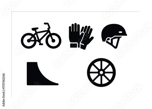 Bmx icons: bike, gloves, helmet, ramp, wheel silhouettes for extreme sports enthusiasts