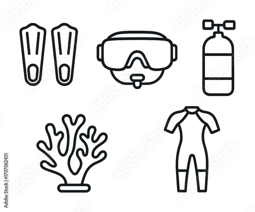 Diving gear icons: flippers, mask, tank, coral, wetsuit