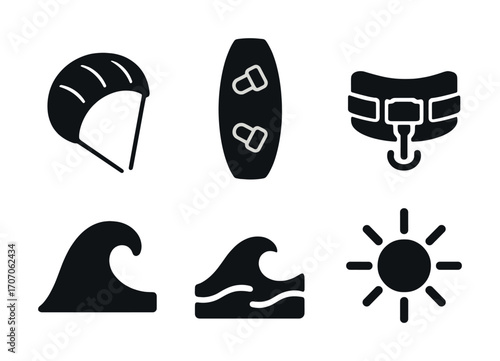 Kitesurfing icons: kite, board, harness, waves, sun - black and white silhouettes