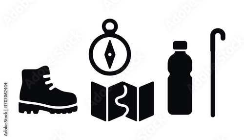Silhouette icons of hiking gear including compass, map, boot, walking stick, water bottle