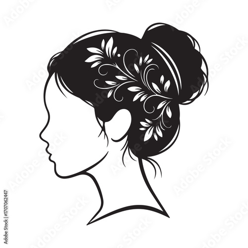 Elegant Woman Silhouette with Floral Hair Bun  Black and White Vector Illustration