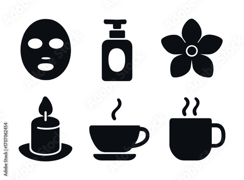 Spa and relaxation icons: mask, lotion, flower, candle, cups