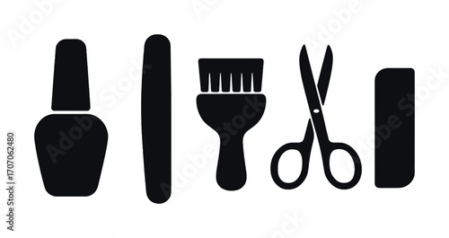 Silhouette of nail care tools set: polish, file, brush, scissors, buffer