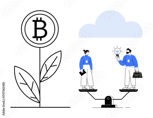Bitcoin plant symbolizes growth in cryptocurrency, people exchanging ideas while balanced on scales. Ideal for finance, innovation, teamwork, cryptocurrency, decision-making, equality, strategy