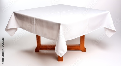 Square, wooden table covered in a crisp, white tablecloth, casting a shadow on a neutral background. Simple and clean presentation