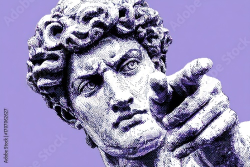 Illustration of a marble sculpture depicting a man with curly hair pointing forward against a lilac background with a detailed cross-hatching effect