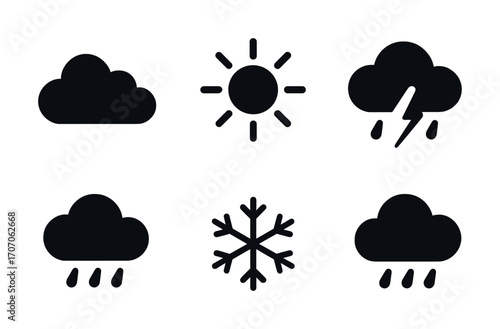 Weather icons: cloud, sun, thunderstorm, snowflake, rain symbols
