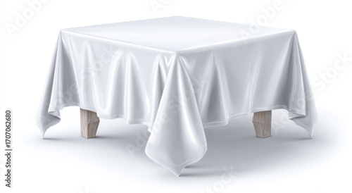 Square table draped with a clean white cloth casting shadows. The legs are wood. Isolated on white