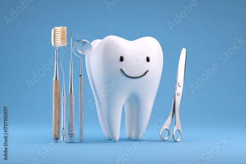 A bright, whimsical rendering of a healthy tooth with a smile, accompanied by dental tools on a simple, light blue background