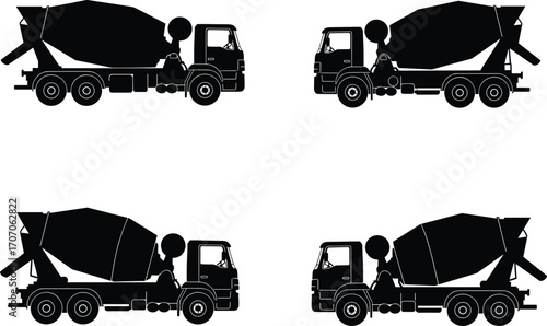 Silhouette concrete mixer trucks illustration, construction vehicles vector, heavy transport icons, cement mixing lorry graphics for industrial design projects
