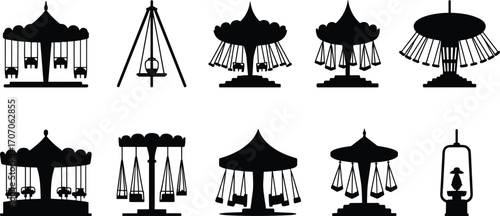 Silhouette amusement park rides, carnival swing carousel, playground swing set, fairground attractions, children's playground equipment, vintage swing ride, fun amusement icons.