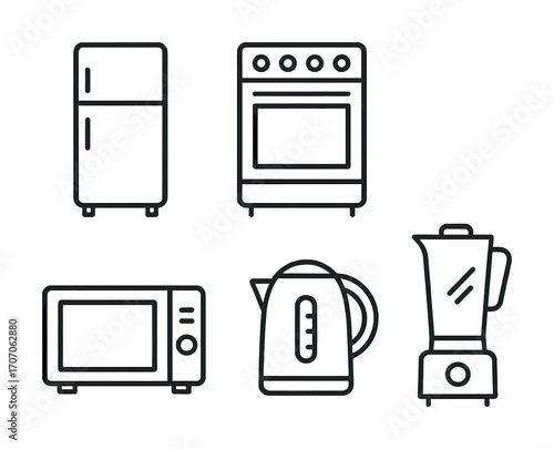 Set of household kitchen appliance icons: fridge, oven, microwave, kettle, blender