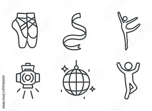 Dance icons: ballet shoes, ribbon, dancer silhouette, stage light, disco ball, dance pose