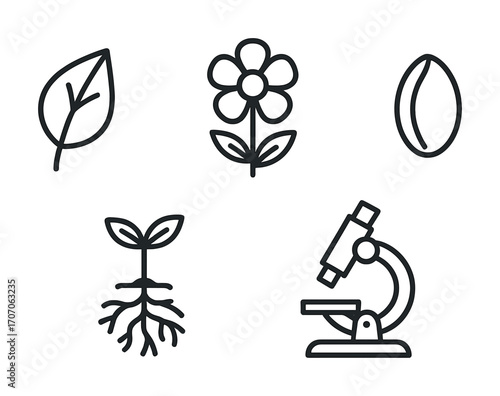Botanical science icons: leaf, flower, seed, root, microscope