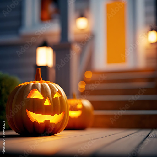 Glowing jack o lanterns on a porch for halloween night