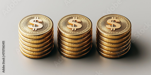 Golden coins bearing dollar symbols, neatly stacked against plain gray backdrop, coin stacks, financial wealth, wealth accumulation, investment symbol, wealth symbol, finance background