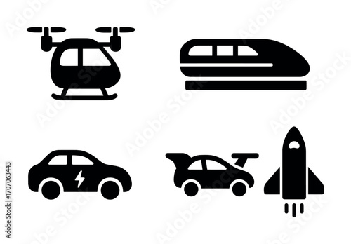Icons of electric car, helicopter drone, bullet train, rocket silhouettes