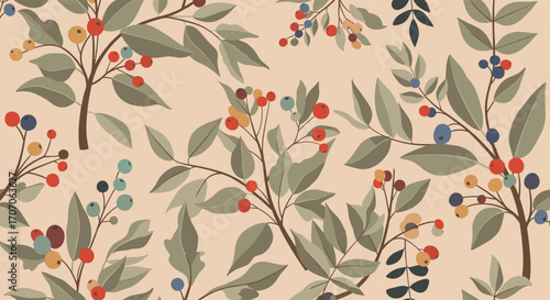 Elegant botanical pattern with colorful berries and leaves for fabric design and prints