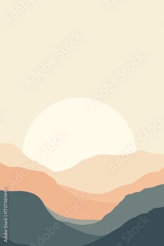 Minimalist abstract mountain landscape with sunrise – layered hills and large sun illustration