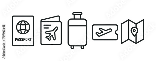 Travel essentials: passport, suitcase, ticket, map icons for journey planning