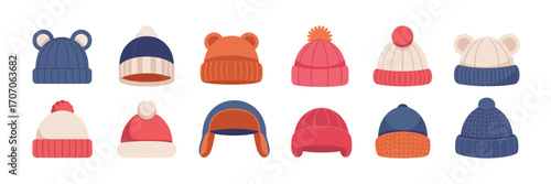 Trendy Winter Hats Vector,  Wool Knit Caps, Beanies, Fashion Headwear, Cozy Cold Weather Accessories, Flat Vector Illustration Collection, Isolated on White Background for Design Use
