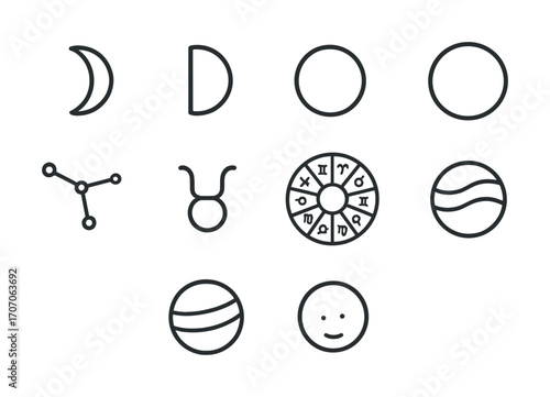 Astrology symbols collection: moon, zodiac signs, planets, constellations, faces
