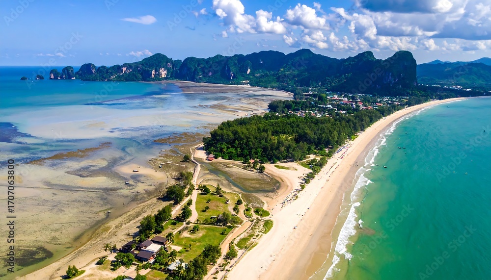 Obraz premium Panoramic aerial view of a tropical beach and coastline
