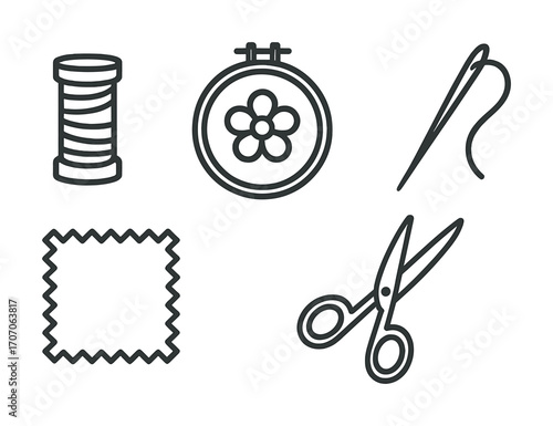 Sewing tools and embroidery icons: thread, hoop, needle, fabric, scissors